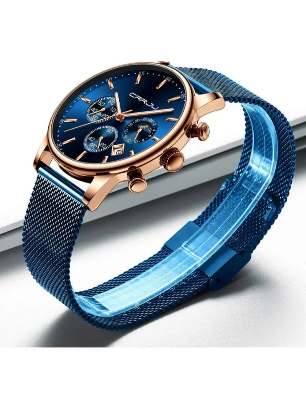 Men's Blue Chronograph Auto Date Steel Quartz with Mesh Strap Fashion Wristwatch